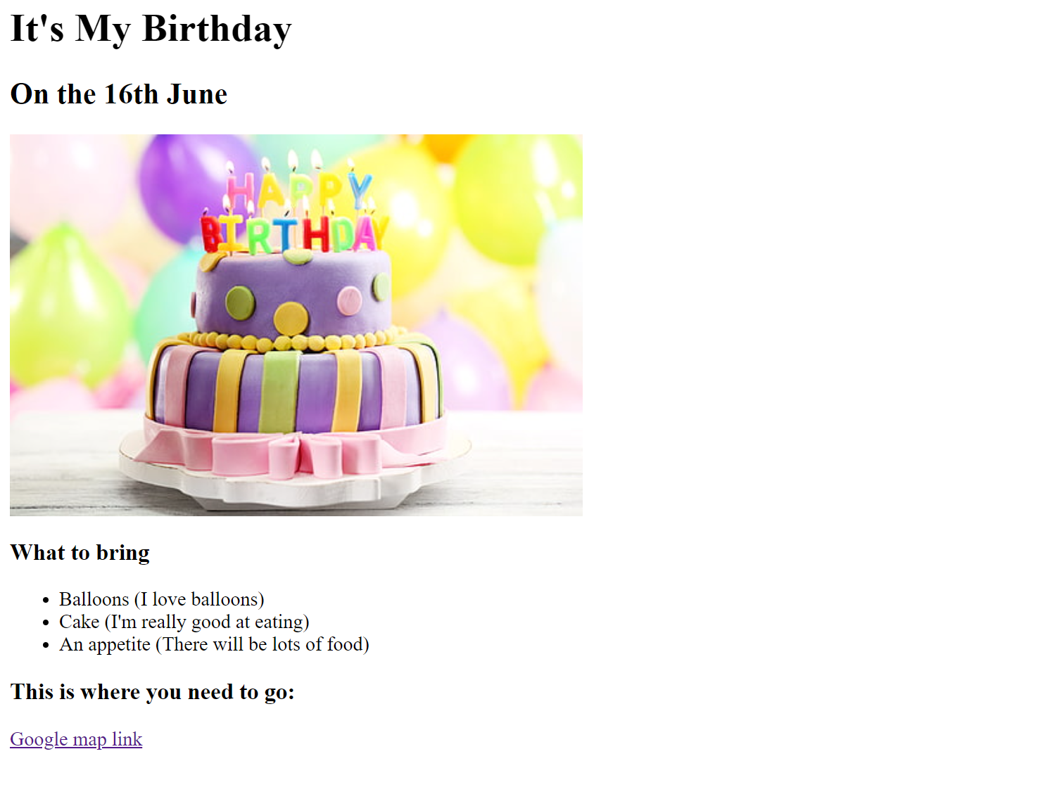 screenshot of my birthday invite Project
